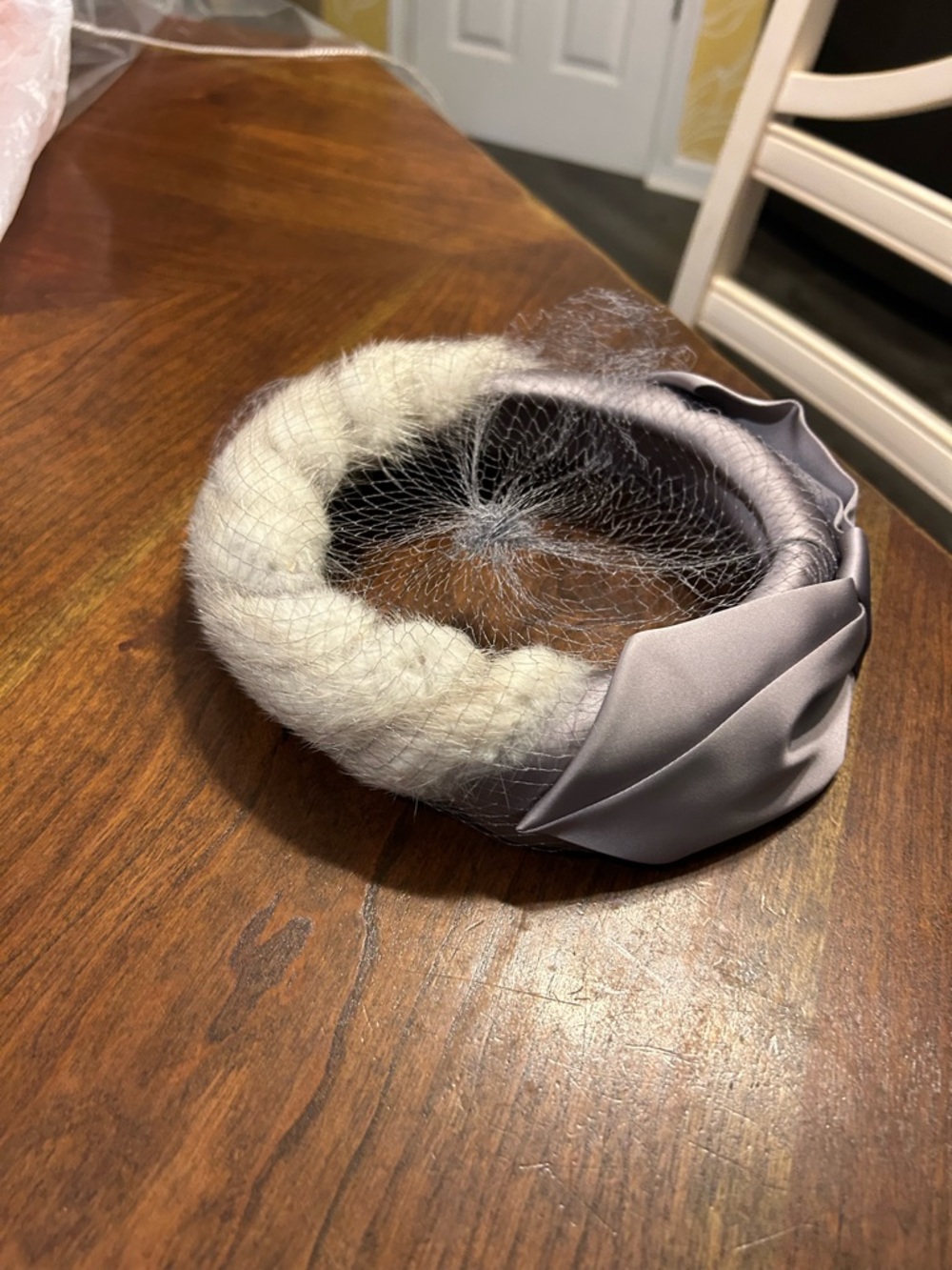 Vintage Ivory Braided Fur Headband with Gray Satin Knot and Veil